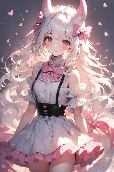 White-haired girl，（There are short black horns on the head：1.5），curls，Wearing a pink suspender skirt，Double tail，There are two pink polka dot bows on the head，Wearing a pink scarf around the neck，Delicate face，20 years old