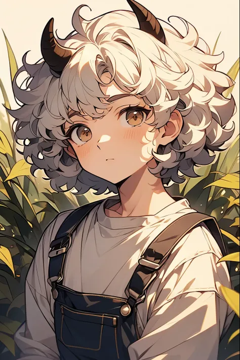 white-haired boy，short curly hair，（there are short brown horns on the head：2），the curly hair on the top looks like poop，wearing ...