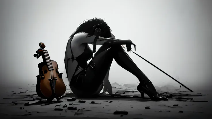 simple background, monochrome, horror (theme) there is a broken violin in the picture,