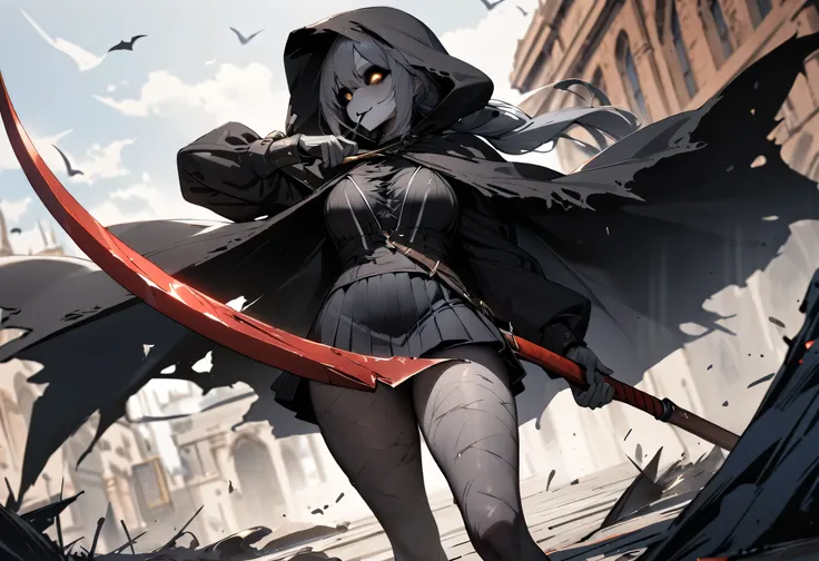 ultra HD, texturized skin, high qualiy, High details, work of art, best qualityer, 1 girl, reaper, twintails, Tattered black cloak, wearing a hoodie, mini-skirt, (big scythe, perfectly shaped), Leaves'a flame in his left eye, Blue effect in the left ey...