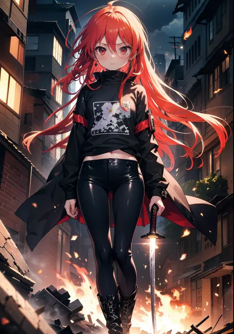 shana,灼眼のshana,long hair, redhead, red eyes, ahoge,small breasts,serious face,black rider suit,black t-shirt,leather pants,boots...