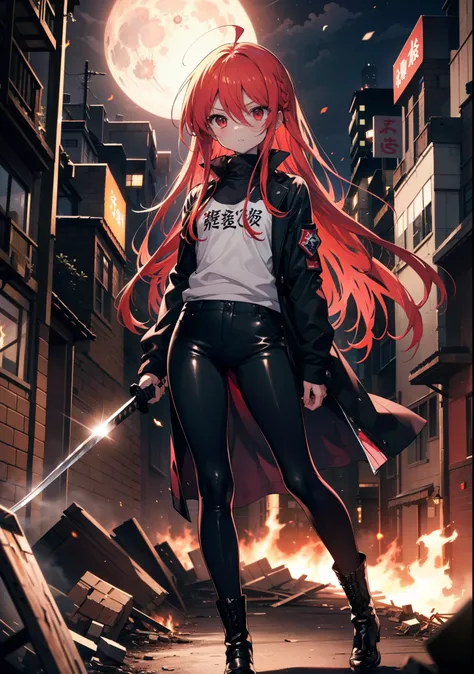 shana,灼眼のshana,long hair, redhead, red eyes, ahoge,small breasts,serious face,black rider suit,black t-shirt,leather pants,boots...