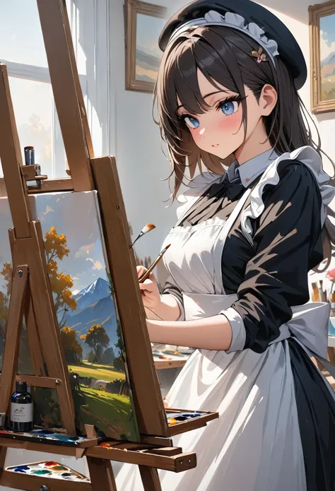 ((masterpiece)), ((best quality)), perfect detailed eyes, perfect detailed face, A girl wearing a maids uniform painting an oil painting, (1 Easel) , (1 canvas), Paintbrush, oil paints, Artist, maid painting a still life, Wearing a beret