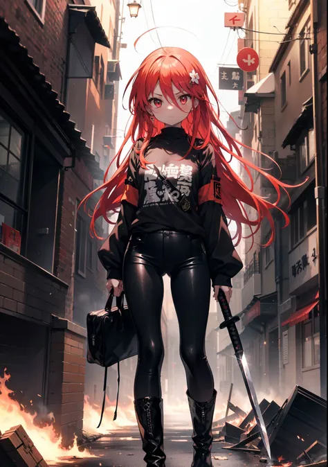 shana,灼眼のshana,long hair, redhead, red eyes, ahoge,small breasts,serious face,black rider suit,black t-shirt,leather pants,boots...