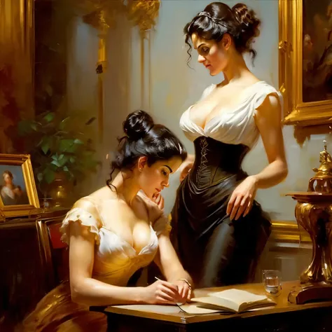 A painting of an aristocratic man sitting at his desk and talking to the A provocative and sensual portrait of a nude woman in a desperate, submissive pose. [Character Description] A 20 year old caucasian woman with an alluring figure, (((pretty breasts)))...