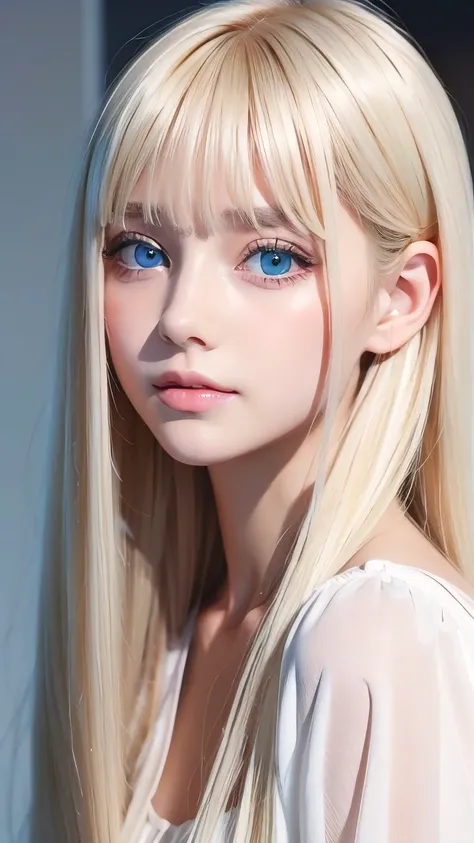A perfectly beautiful face、Messy silky beautiful blonde hair、A beautiful 1 Scandinavian beauty、Very beautiful beautiful bright pale sky blue big eyes、Very long beautiful natural platinum blonde silky shiny hair、Long beautiful bangs、Very big eyes、Small Face...