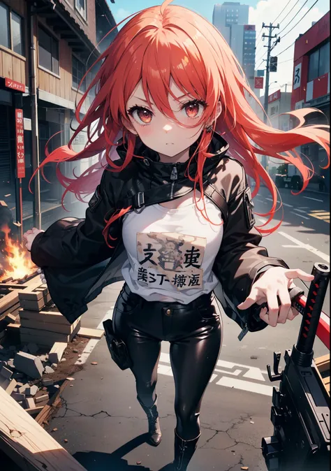 shana,灼眼のshana,long hair, redhead, red eyes, ahoge,small breasts,serious face,black rider jacket,black t-shirt,leather pants,boo...