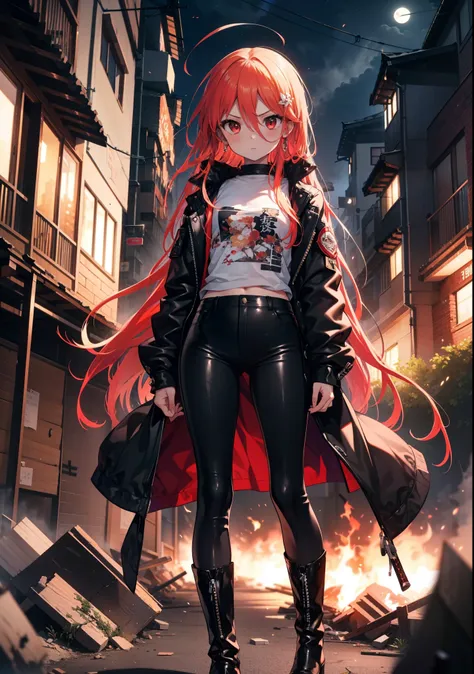 shana,灼眼のshana,long hair, redhead, red eyes, ahoge,small breasts,serious face,black rider jacket,black t-shirts,leather pants,bo...