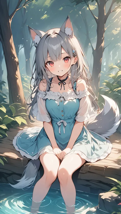 A female gray wolf living in、cute、Wolf Ears、Wolf Tail、tooth、(Red Eyes:0.8),Looking at this、In the dense forest、The sunlight filtering through the trees creates a mysterious atmosphere.、A small stream flows at my feet