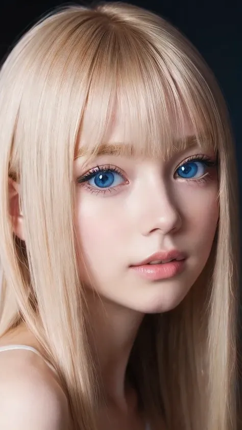 A perfectly beautiful face、Messy silky beautiful blonde hair、A beautiful 1 Scandinavian beauty、Very beautiful beautiful bright pale sky blue big eyes、Very long beautiful natural platinum blonde silky shiny hair、Long beautiful bangs、Very big eyes、Small Face...