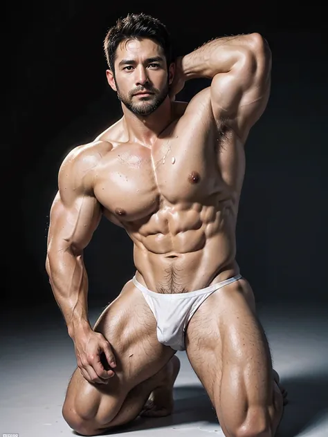 (((short hair)))，Short hair，(((40 years old bearded handsome muscular bodybuilder man kneeling))), blush，(((Painful expression)))，Sweaty，very handsome, Perfect facial features, No clothes, Armpit Hair, Pure black background, Fit body, Perfect composition, ...