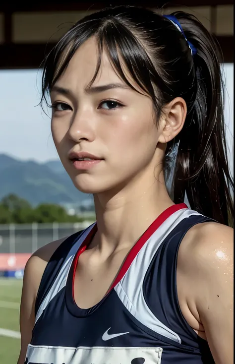 (Highest quality, masterpiece), (Beautiful Japan), (freckles:0.6), ponytail,  Track and field athlete,Grimacing、Frowning、Crying face、Sweaty、