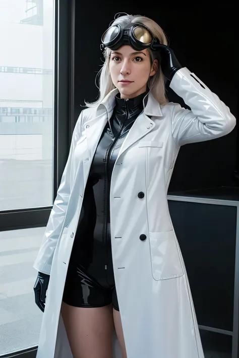 Dr. Elizabeth Wolf, Head of Research and Development, wearing a white coat on a black latex suit , goggles on, and disheveled hair.