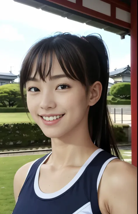 (Highest quality, masterpiece), (Beautiful Japan), (freckles:0.6), ponytail, smile, garden, Track and field athlete