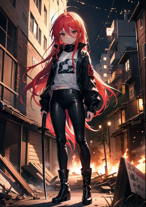 shana,灼眼のshana,long hair, redhead, red eyes, ahoge,small breasts,serious face,black rider jacket,black t-shirts,leather pants,bo...