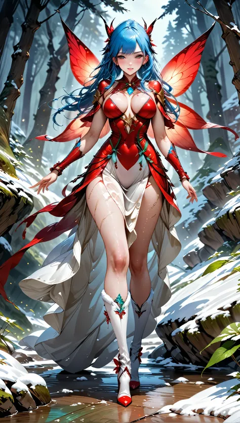 (oil painting art: 1.5) a most beautiful fairy playing in the snow, a beautiful fairy, spread butterfly wings, dynamic hair color, dynamic hair style, busty, wearing red silk dress, intricate silk, wearing high heels boots, she is playing the snow, fresh s...