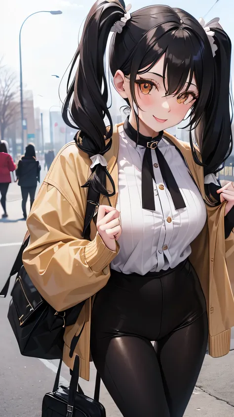  (adult woman: 1.2), black hair, golden eyes, pretty little mouth, beige skin, (2 pigtails: 1.2), smiling,big bbobswhite pull, black leggings destroy , Walk in the park