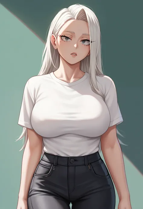 score_9, score_8_up, score_7_up, score_6_up, score_5_up, score_4_up, source_cartoon, rating_safe, by Kohei Horikoshi, 1girl, body shot, pale skin, beauty mark under one eye, curious expression, large eyelashes, white shirt, big breasts, black pants, long s...