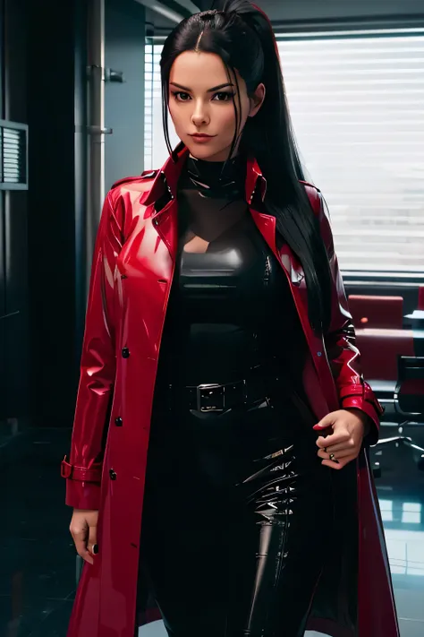 Selena Black, Chief Sales Officer, in a crimson trench coat on a black latex suit with  smart appearance, and long black hair in a ponytail