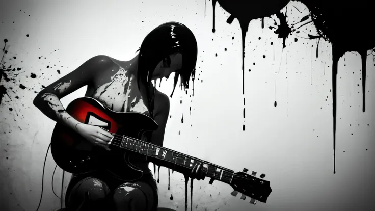 simple background, monochrome, horror (theme) there is a broken guitar in the picture, black paint splatted, (((guitar)))