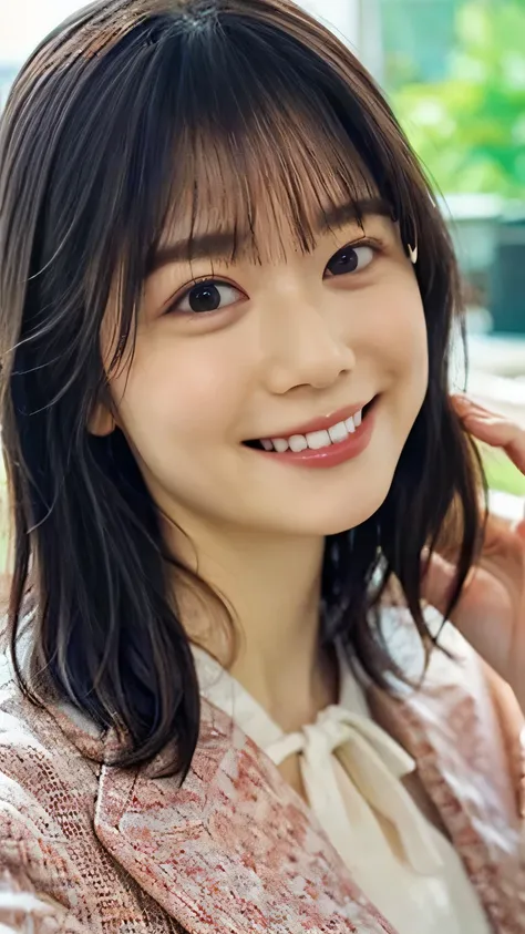 masterpiece, Highest quality, 8k,Ultra-high resolution、(((Close-up of face)))、 cute, alone, smile、smile、 cute, cutesmile、delicate, Pure beauty, RAW Photos, Professional photography, Soft Light, Professional Lighting, Backlight, Looking into the camera, So...