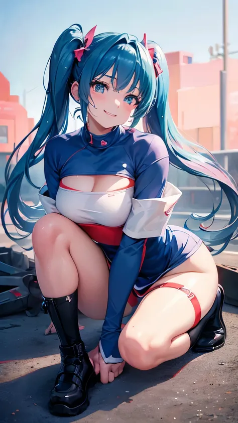 (((anime-style cute face))),(((Full body photography))),(((Blue twin tails))),Highest quality, (Sharp details), (8k, RAW Photos, Highest quality, masterpiece), (extremely detailed 8k wallpaper),Professional Lighting,Sharp focus, Depth of written boundary、T...