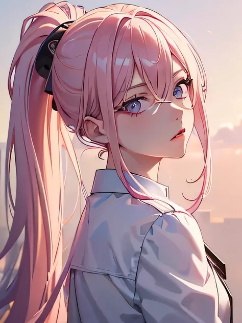 masterpiece, best quality, 1girl, pink hair, white formal shirt, holding a pistol, pink hair, long hair in a ponytail, detailed eyes, blue eyes, detailed facial features, realistic and high resolution (best quality, 4k, 8k, highres, masterpiece:1.2)