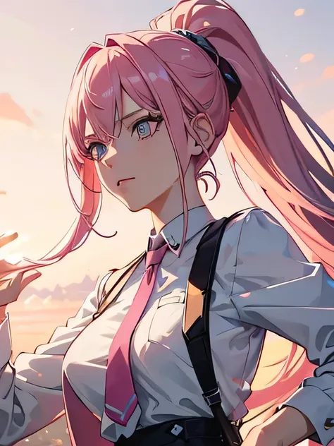 masterpiece, best quality, 1girl, pink hair, white formal shirt, holding a pistol, pink hair, long hair in a ponytail, detailed eyes, blue eyes, detailed facial features, realistic and high resolution (best quality, 4k, 8k, highres, masterpiece:1.2)