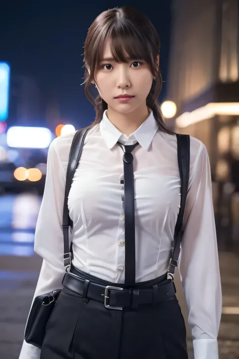 a woman in a suit, belt, hands behind back, sweating, suspenders, black pants, sexly, large breasts, see-through clothing, rain, detective, office worker, white button-up shirt, (best quality,4K,8k,highres,masterpiece:1.2),ultra-detailed,(realistic,photore...