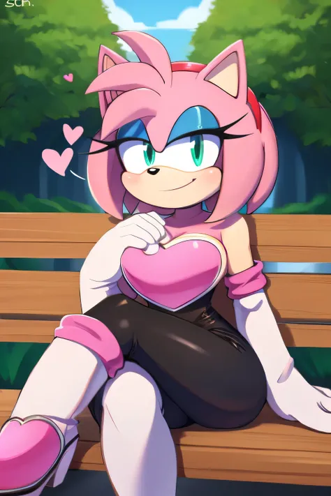 score_9, score_8_up, 2D, flat color, looking at viewer, (1girl), (solo), very detailed, extremely detailed, Amy Rose from the sonic the hedgehog series, portrait, smile, looking at viewers, hair down, hair bangs, large bust, milf, Rouge cosplay, cosplay, R...