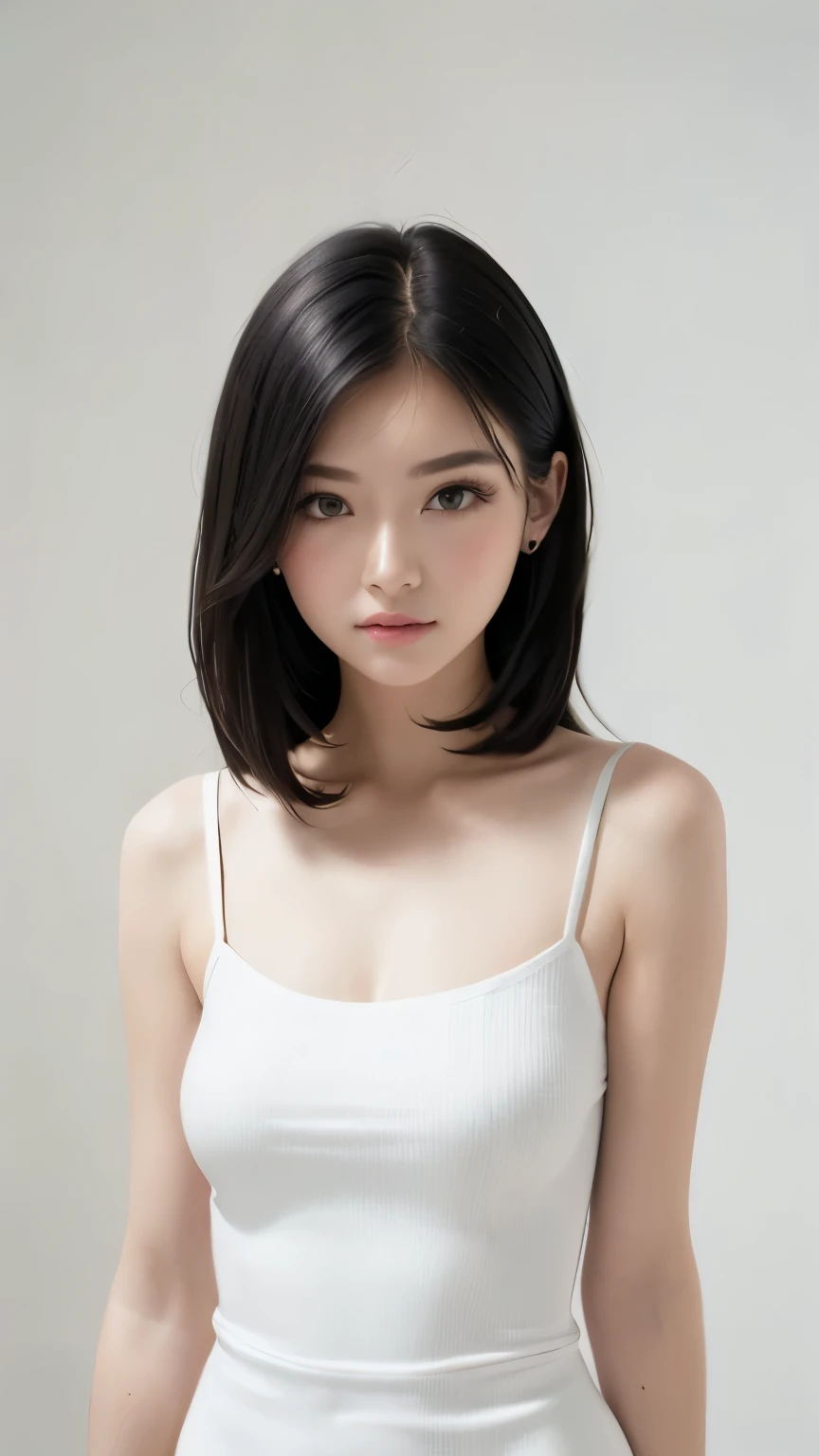 (((forehead、northern europe、white、beautiful girl、black hair、white background、camisole dress over a t-shirt)))、table top, best qu...