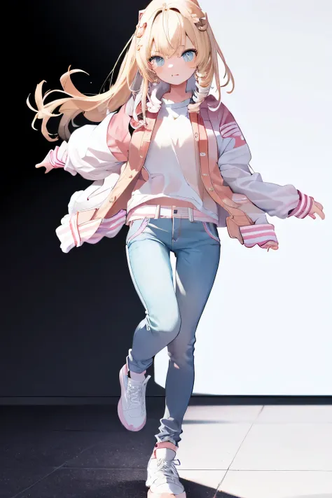pink letterman jacket, black long pants, full body, high quality, run way, White background,