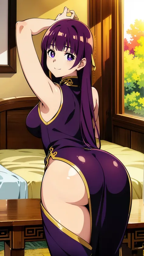 freirenfern, fern, purple hair, long hair, purple eyes, face down ass up, blunt bangs, goddess of beauty, ((perfect anatomy)), image from behind, bright pupils, (thick ass, one girl), bending over a table, flaunting breedable pucy, smiling, (masterpiece, h...