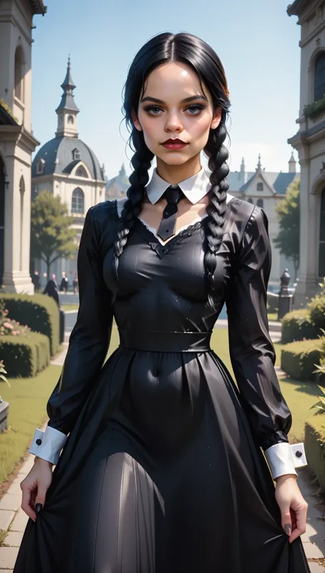 photorrealistic, photo offset from the center, jenna ortega as wednesday addams, standing alone, (1 girl), relaxing posture, the...