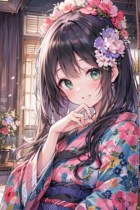 ((Highest quality, 8k, masterpiece: 1.3)), whole body,1 personの,1 person,,Glamorous Body,cute,smile,Black Hair,Beautiful emerald green eyes,long hair,((yukata,,Bright pink fabric with morning glory pattern)),night,In the room,