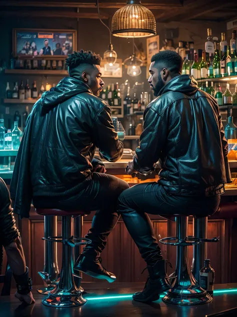 (((masterpiece))), sharp focus, ultra realistic,super resolution,photo of 2 guys sitting at a bar, gangsta-style men, reminiscen...