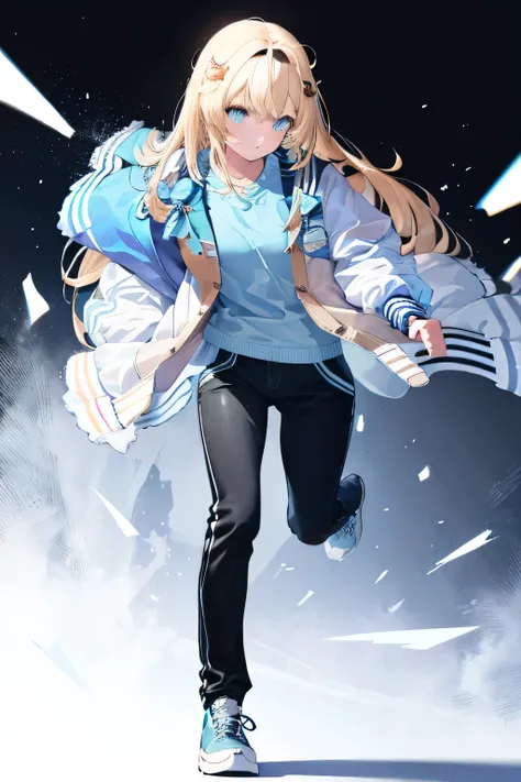 blue letterman jacket, black long pants, full body, high quality, run way, White background,