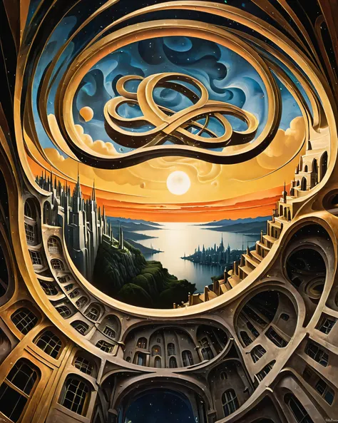 d3qck artstyle,style of Edvard Munch,art by escher,Gerald Brom,In a world where geometry reigns supreme, cityscapes reveal a colorful spectacle. Skyscrapers composed of interconnected shapes – triangles, circles, squares – each in a different vibrant colou...