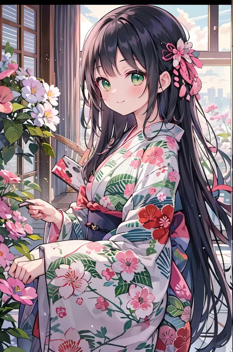 ((Highest quality, 8k, masterpiece: 1.3)), whole body,1 personの,1 person,,Glamorous Body,cute,smile,Black Hair,Beautiful emerald green eyes,long hair,((yukata,,Bright pink fabric with morning glory pattern)),night,Inside the room,