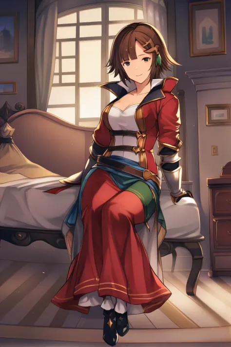 leona \(granblue fantasy\), bedroom,light smile,looking_at_viewer,full_shot,sit on the bed,