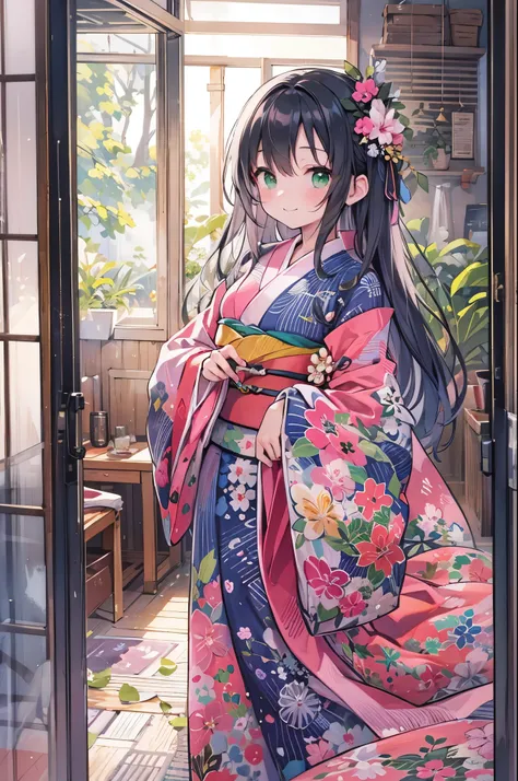 ((Highest quality, 8k, masterpiece: 1.3)), whole body,1 personの,1 person,,Glamorous Body,cute,smile,Black Hair,Beautiful emerald green eyes,long hair,((yukata,,Bright pink fabric with morning glory pattern)),night,Inside the room,