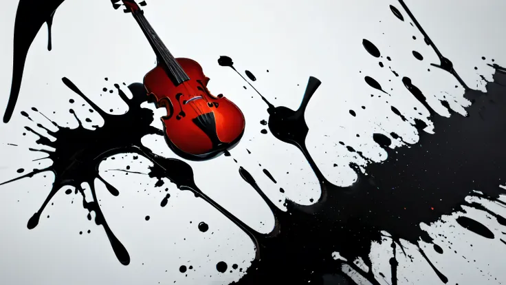 simple background, monochrome, horror (theme) there is a broken violin in the picture, black paint splatted, violin, red blood s...