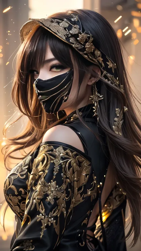 a close up of a woman wearing a black and gold outfit, 8k high quality detailed art, anime style 4 k, detailed digital anime art...