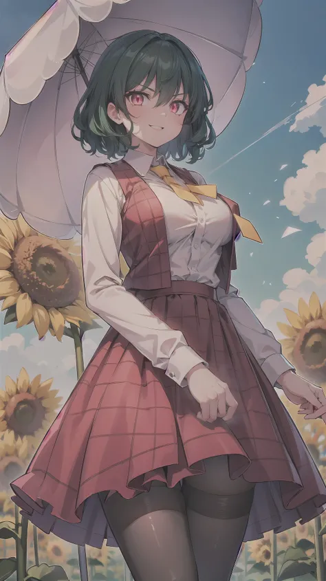 （（super high quality,Ultra-high resolution,16K,super masterpiece,Ultra HD ,Detailed shading,））One Woman,Wavy emerald short hair,White dress shirt,Long sleeve,Yellow tie,Checkered red vest,Checkered red very long skirt,Black tights,Ruby glowing eyes,Very ag...