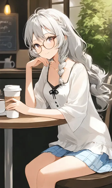 A pretty girl in her 20s with a slightly childish face, wearing glasses, silver hair color, long loose curly hair in a loose braid, shaggy hair, small breasts, wearing a cute mini-skirt and summery white clothes, the place is a cafe with a mature atmospher...