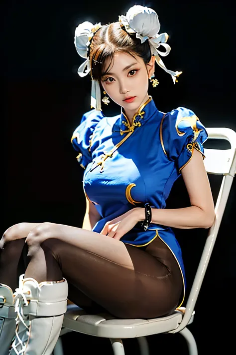 (Chun-Li from Street Fight II:1.2,perfect chun li costume:1.2,Blue cheongsam with gold lines:1.2,Bun head:1.2,bun cover:1.2,sexy pose:1.2,masterpiece:1.2、1 beautiful girl:1.2、fine eyes:1.2、puffy eyes:1.2、highest quality:1.2, 超High resolution:1.2, (reality:...