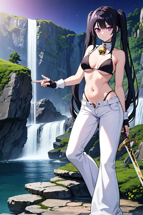 long black hair, bikini, white flared pants, fingerless gloves, bell-bottoms, purple eyes, twintails, sword, night, valley, waterfalls