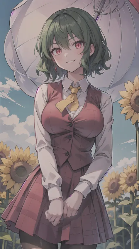 ((super high quality,Ultra-high resolution,16K,super masterpiece,Ultra HD ,Detailed shading,))One Woman,Wavy emerald short hair,White dress shirt,Long sleeve,Yellow tie,Checkered red vest,Checkered red very long skirt,Black tights,Ruby glowing eyes,Very ag...