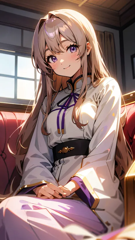 1 person、Anime Style、美しい light brown hair、beautiful purple beautiful eyes、Long Hair、Transparent Hair、Translucent hair、smile、Western-style room、sofa、morning、Lens flare、Shiny, Glowing Skin