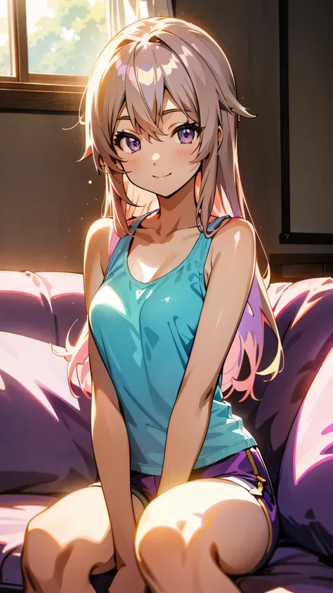 1 person、Anime Style、美しい light brown hair、beautiful purple beautiful eyes、Long Hair、Transparent Hair、Translucent hair、smile、Tank top、hot pants、Western-style room、sofa、morning、Lens flare、Shiny, Glowing Skin